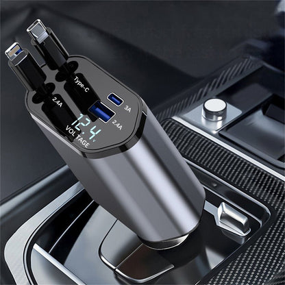 4 in 1 Retractable Car Charger, 100W Fast Car Phone Charger with Iphone and Type C Cable and 2 Charging Ports Car Charger Adapter