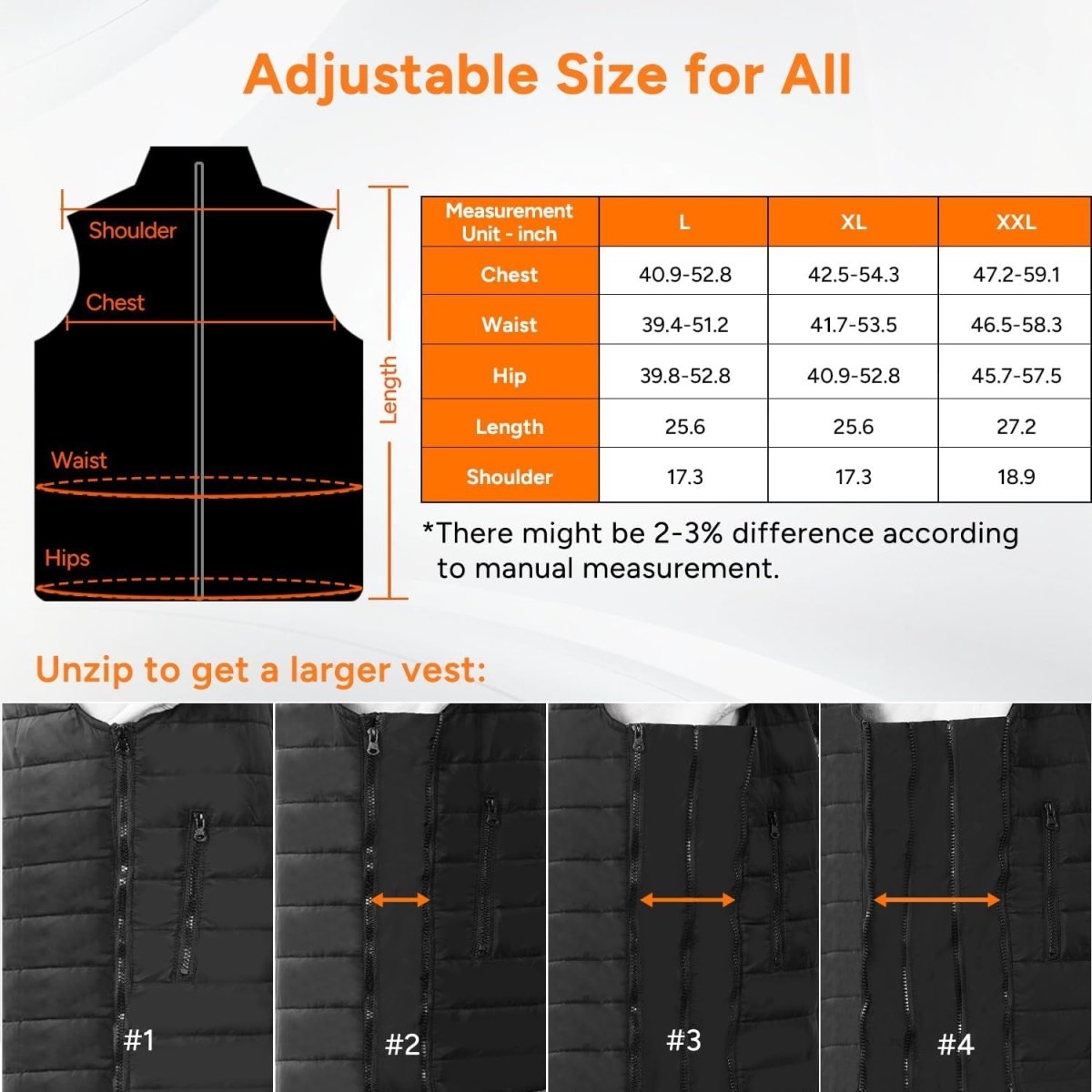 Heated Vest, Lightweight Heating Vest, 3 Heat Levels, 6 Heat Zones, Adjustable Size (Battery Not Included)