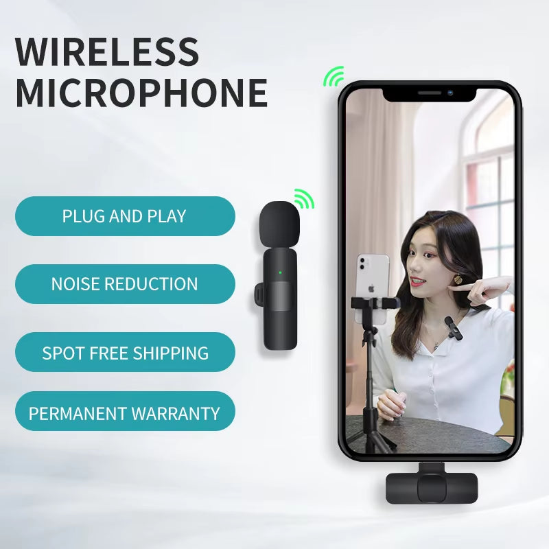 Wireless Lavalier Microphone Portable Audio Video Recording Mini Mic for Iphone Android Live Broadcast Gaming Phone with Receive